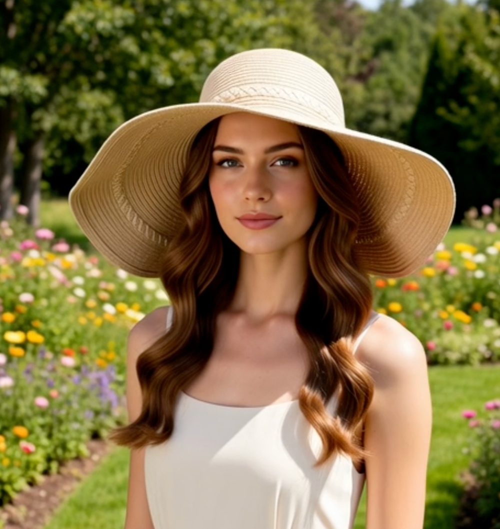 D&Y Wide Brim Floppy Straw Sun Hat Ivory Braided Trim Scalloped Brim G+
